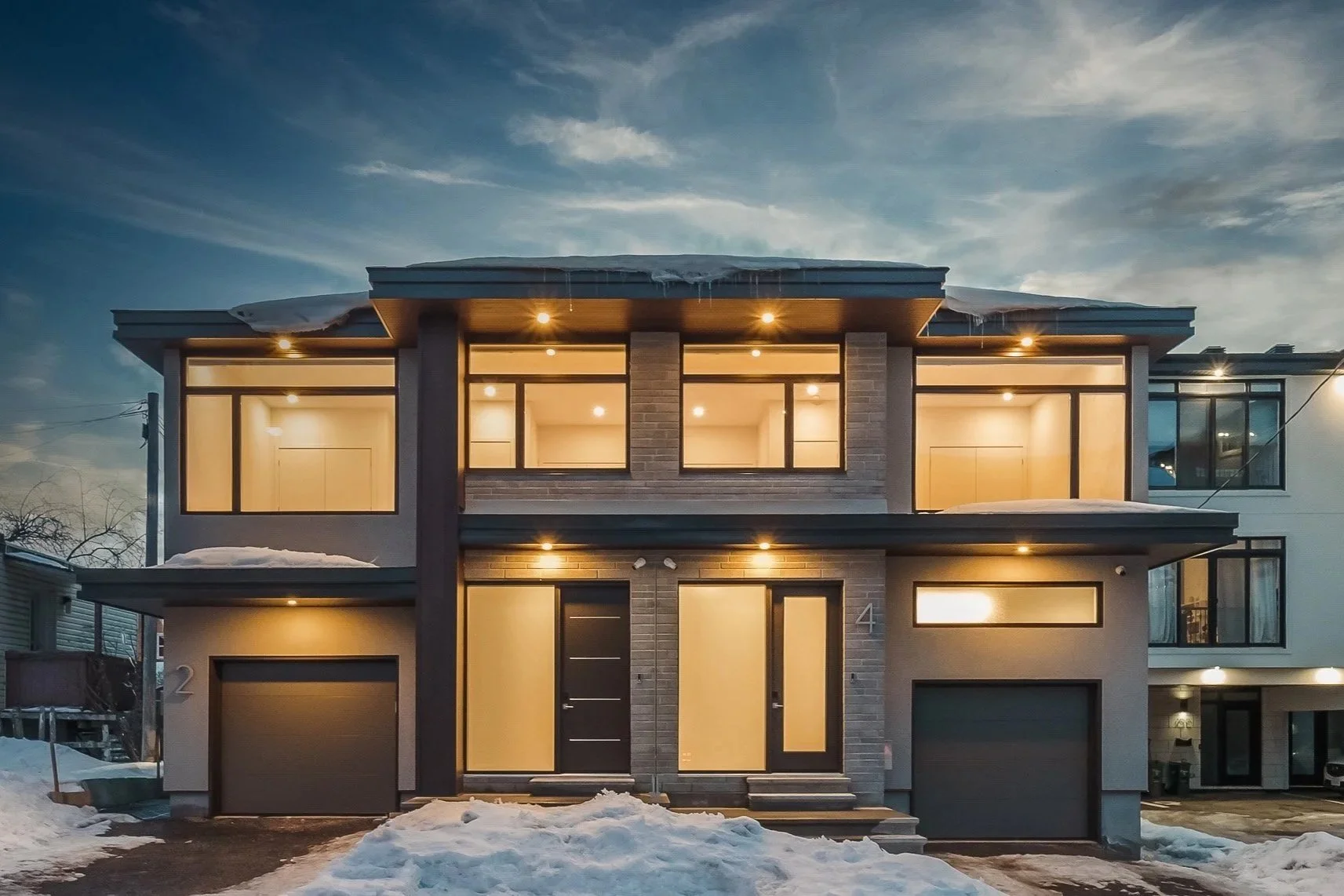 Modern two-unit semi on Chapleau Avenue in Ottawa at twilight