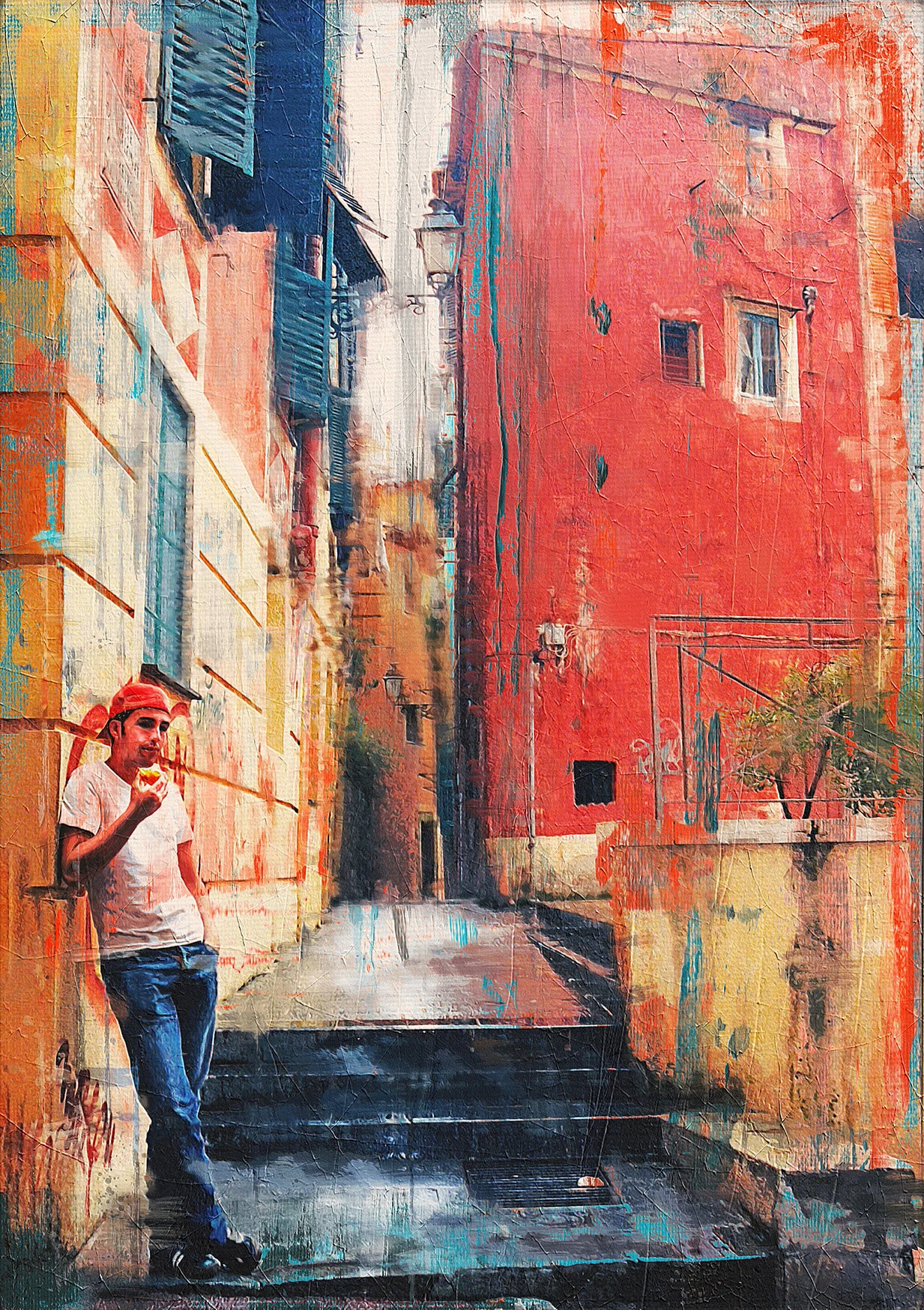 Young Guy Eating a Peach after the Rain - Nice, France.