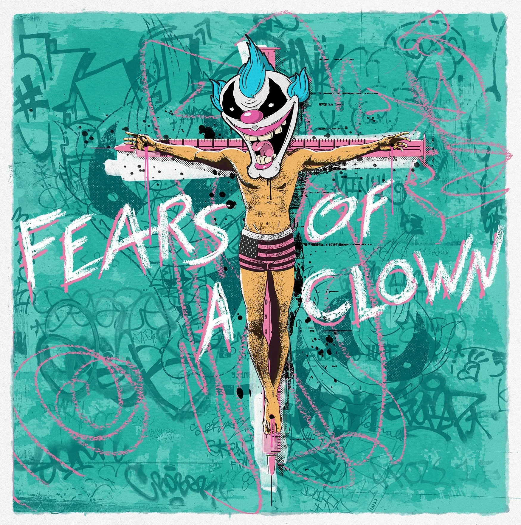 pop art, poster art, digital art, political art, scary clowns, crucifixion, needles, words, street art