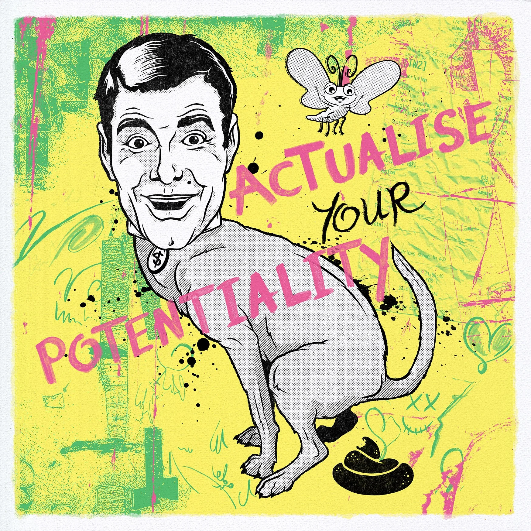 meaningless words, pop art, pop surrealism, street art, digital art, drawing, illustration, dog, dog poop, butterfly, punk