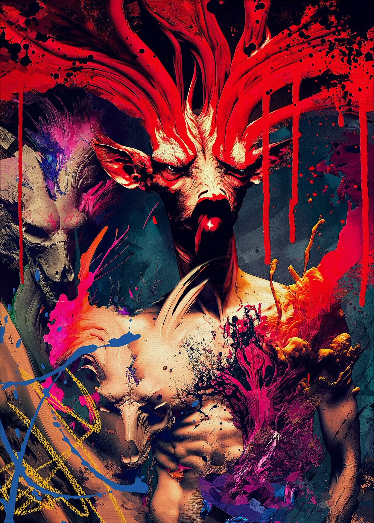 mixed media, photo manipulation, digital art, ai art, paint, ink, crayon, animals, pop art, horror art, queer art