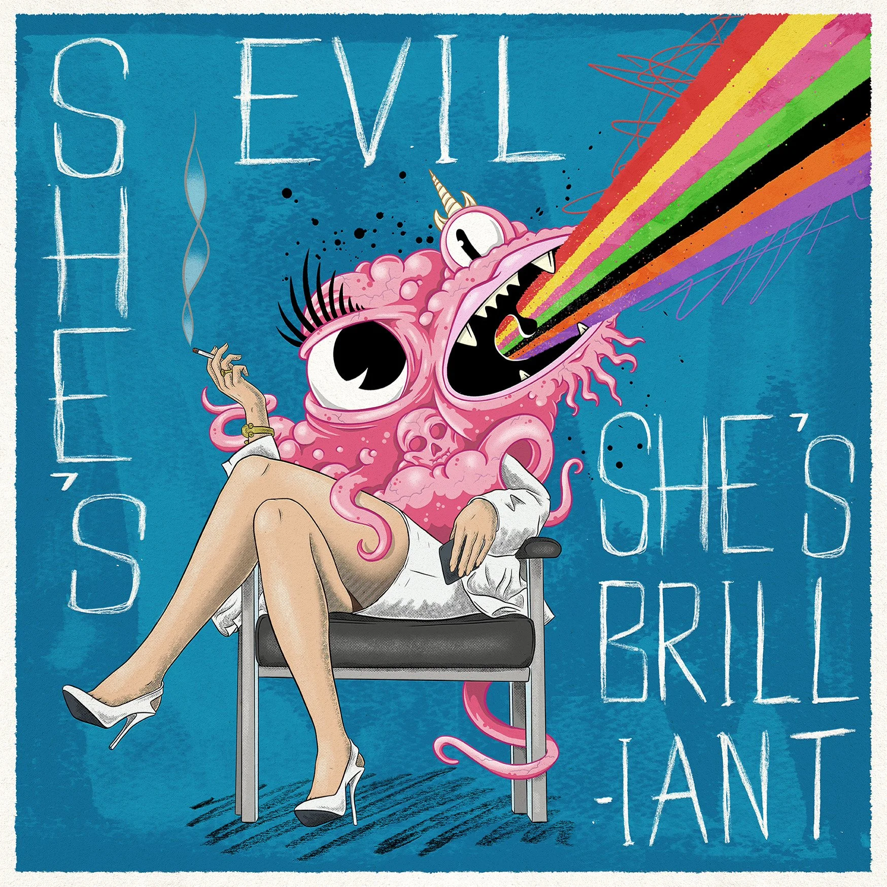 pop art, pop surrealism, weird art, movie fan art, monster, cartoon, digital art, Sharon Stone, Basic Instinct