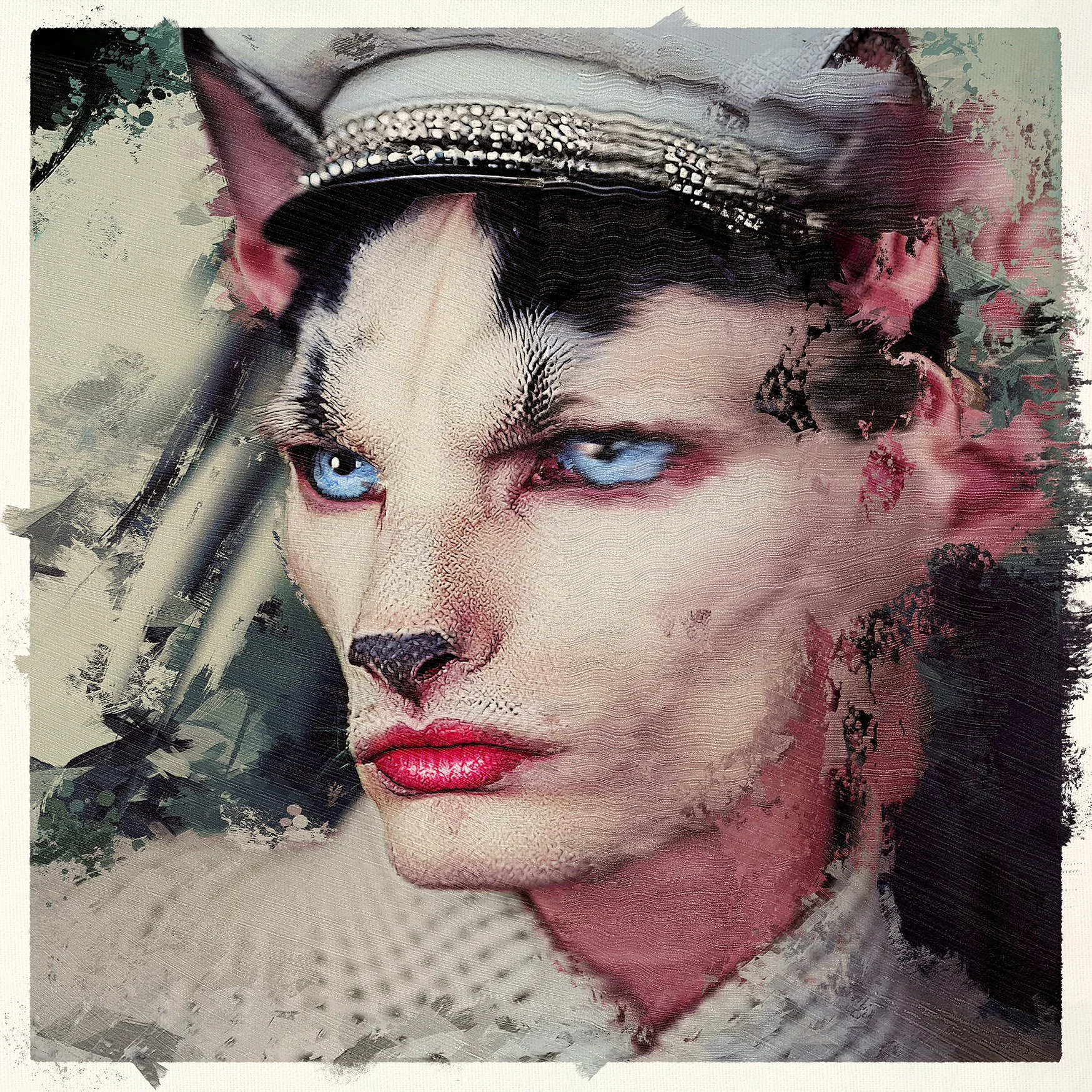 mixed media.digital art, photo manipulation, photoshop, queer art, ai art., cat, male model, painting, wade goring
