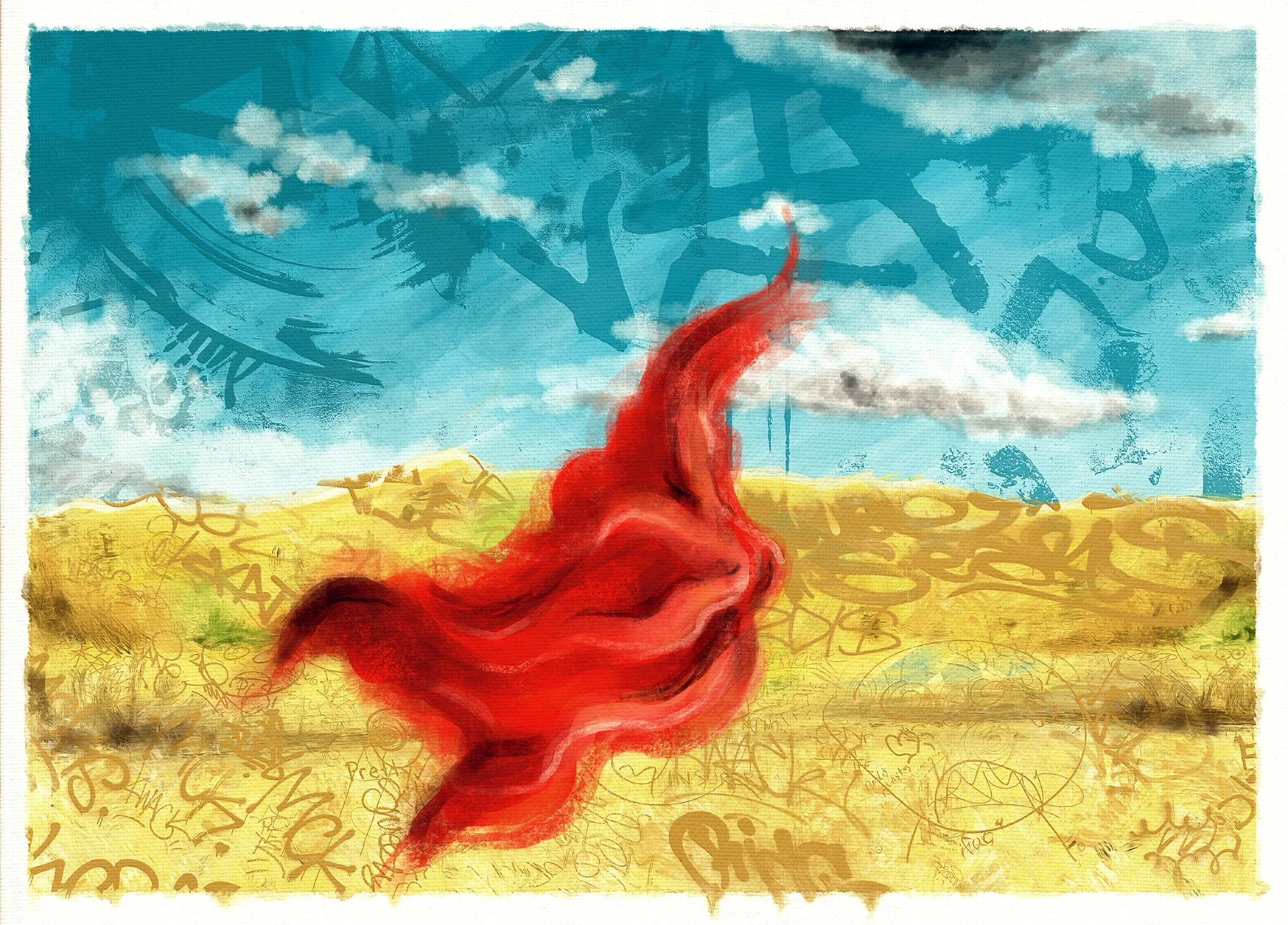 mixed media, digital painting, landscape, red cloth, western plains, big sky, graffiti , street art, tagging