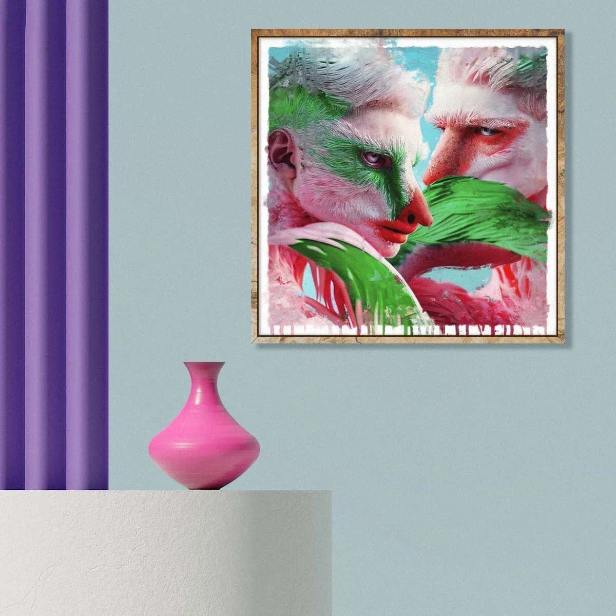 digital art, photo manipulation, pop surrealism, animals, flamingo, queer art, wall art, birds