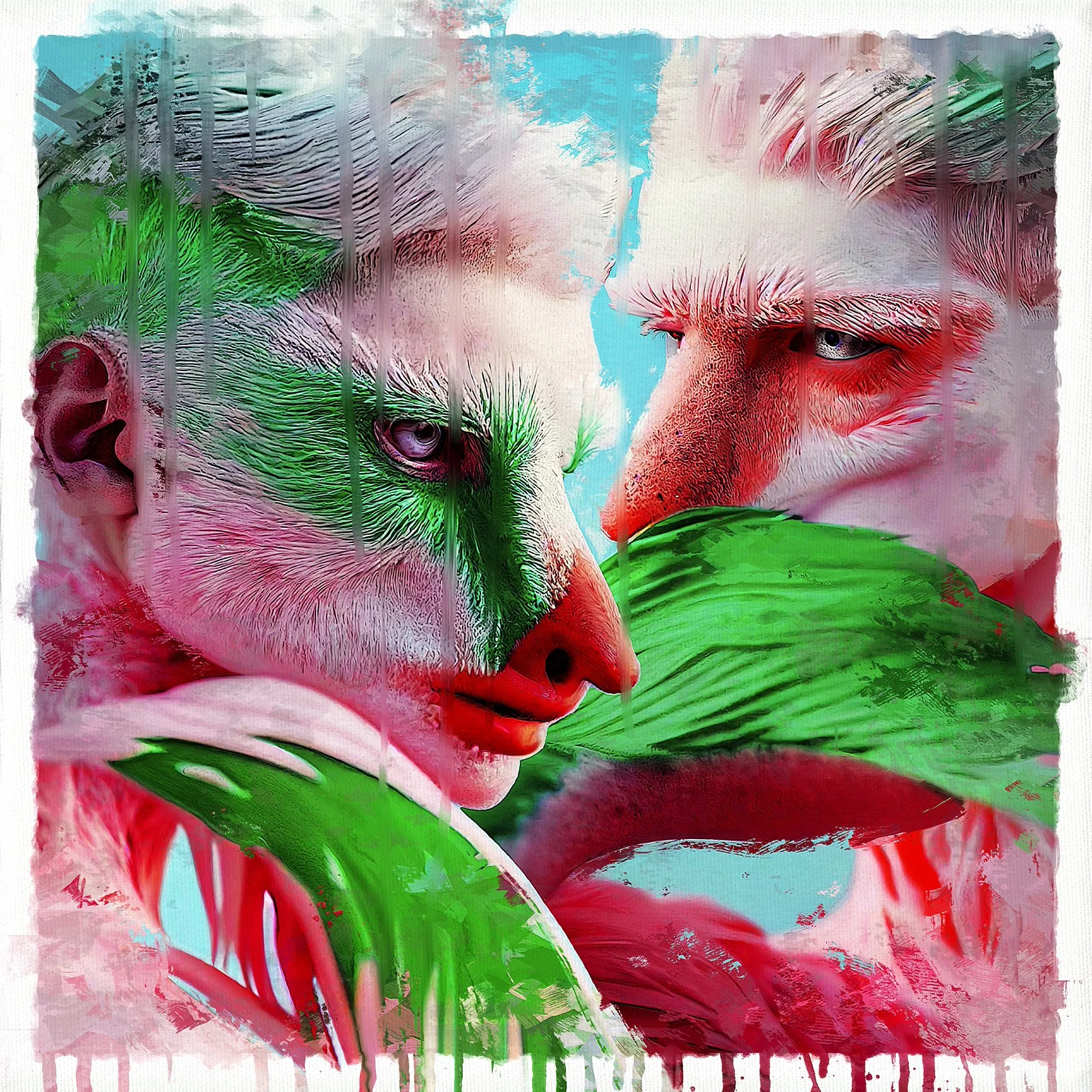 Digital art, mixed media, photo manipulation, photoshop, flamingo, birds, ai art, painting, pop art, abstract art, animals, queer art