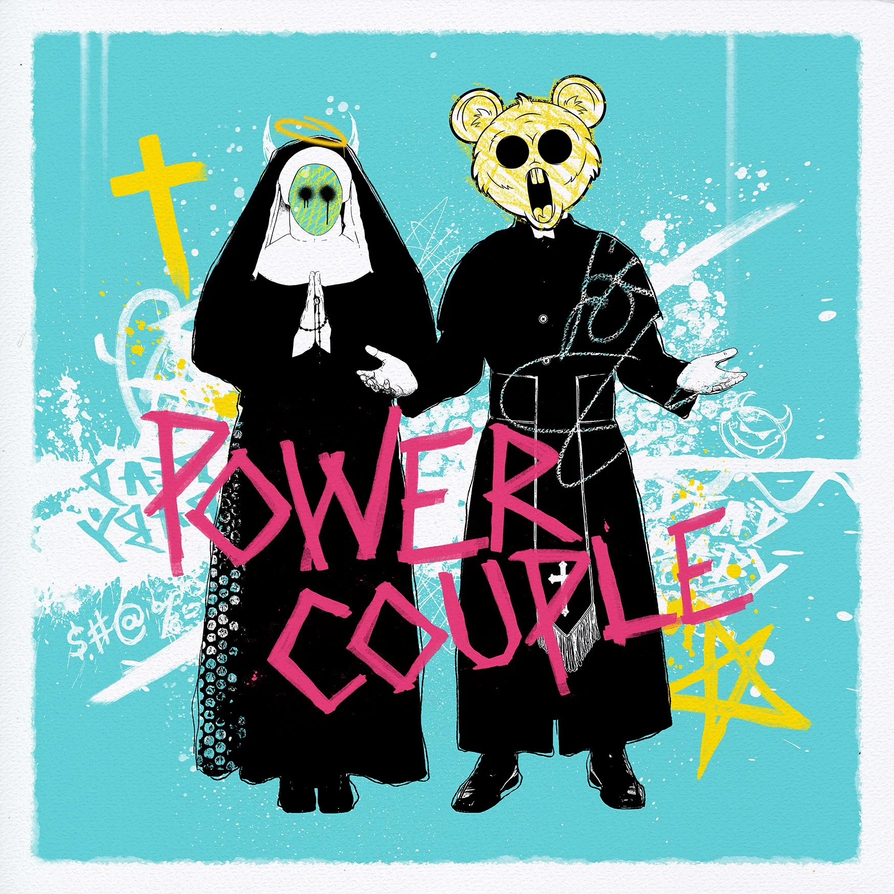 pop art, pop surrealism, street art, digital art, nun, priest