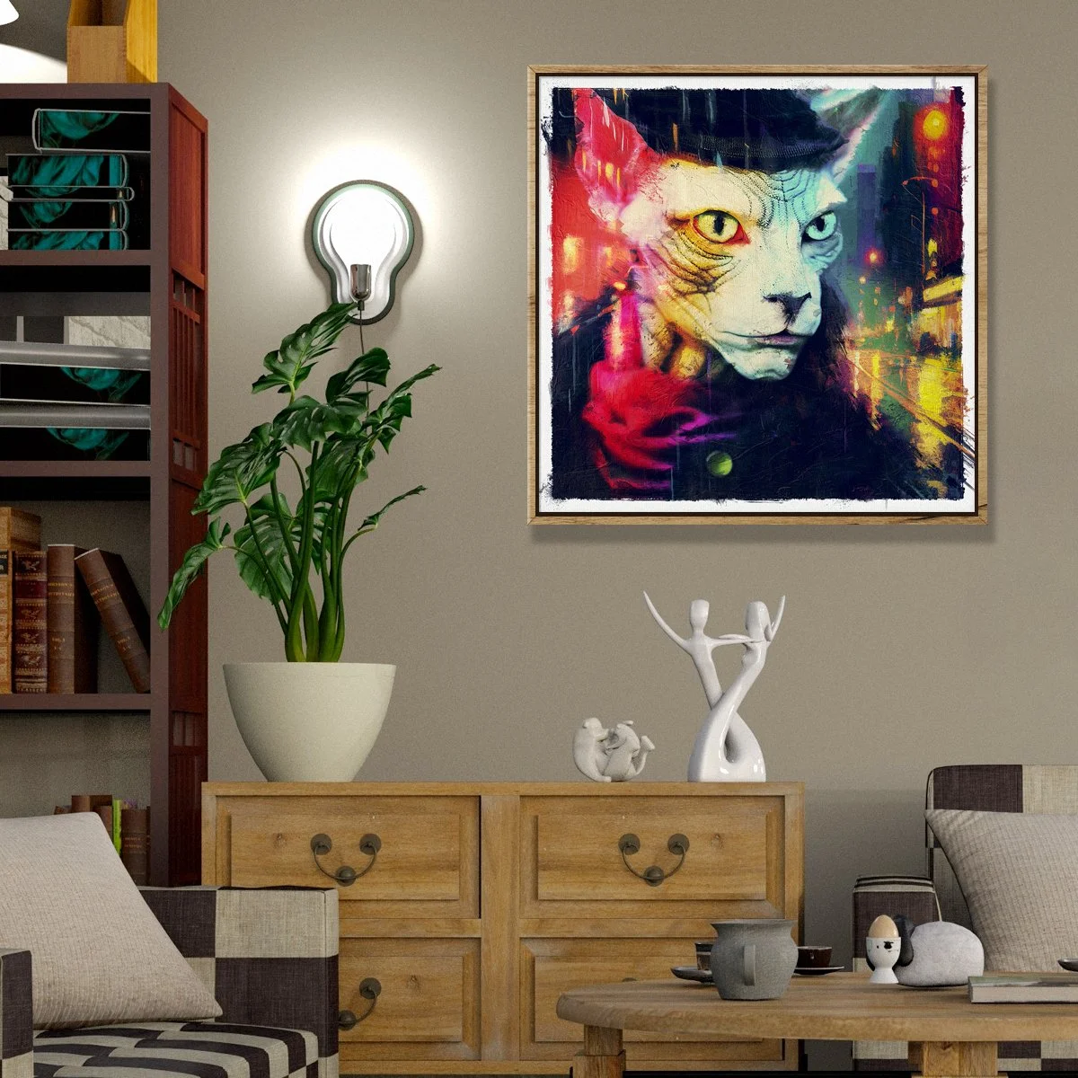 digital art, photo manipulation, painting, wall art, cat, fantasy, surreal, city, night