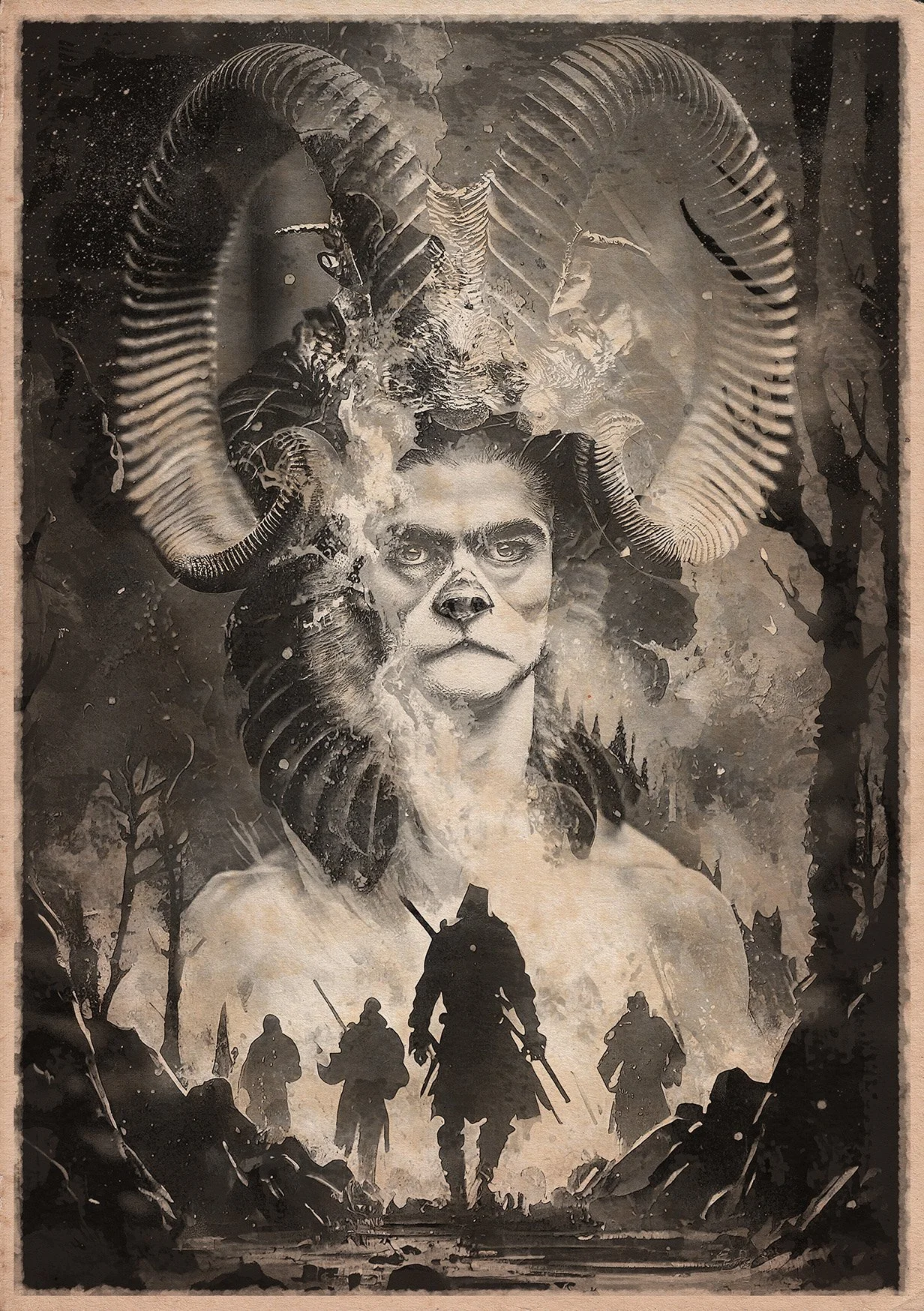 tribal, war, poster, digital art, photo manipulation, ai, vintage, mixed media