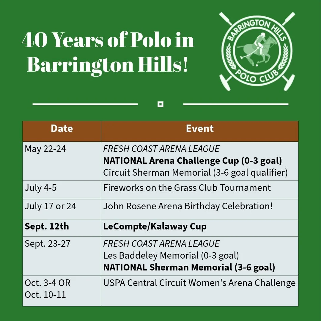 Join us for our 40th anniversary season!  Whether you&rsquo;re completely new to the sport or a seasoned player, the Barrington Hills Polo Club has a place for you.  The polo school begins the first Saturday in April so if you&rsquo;ve been thinking 