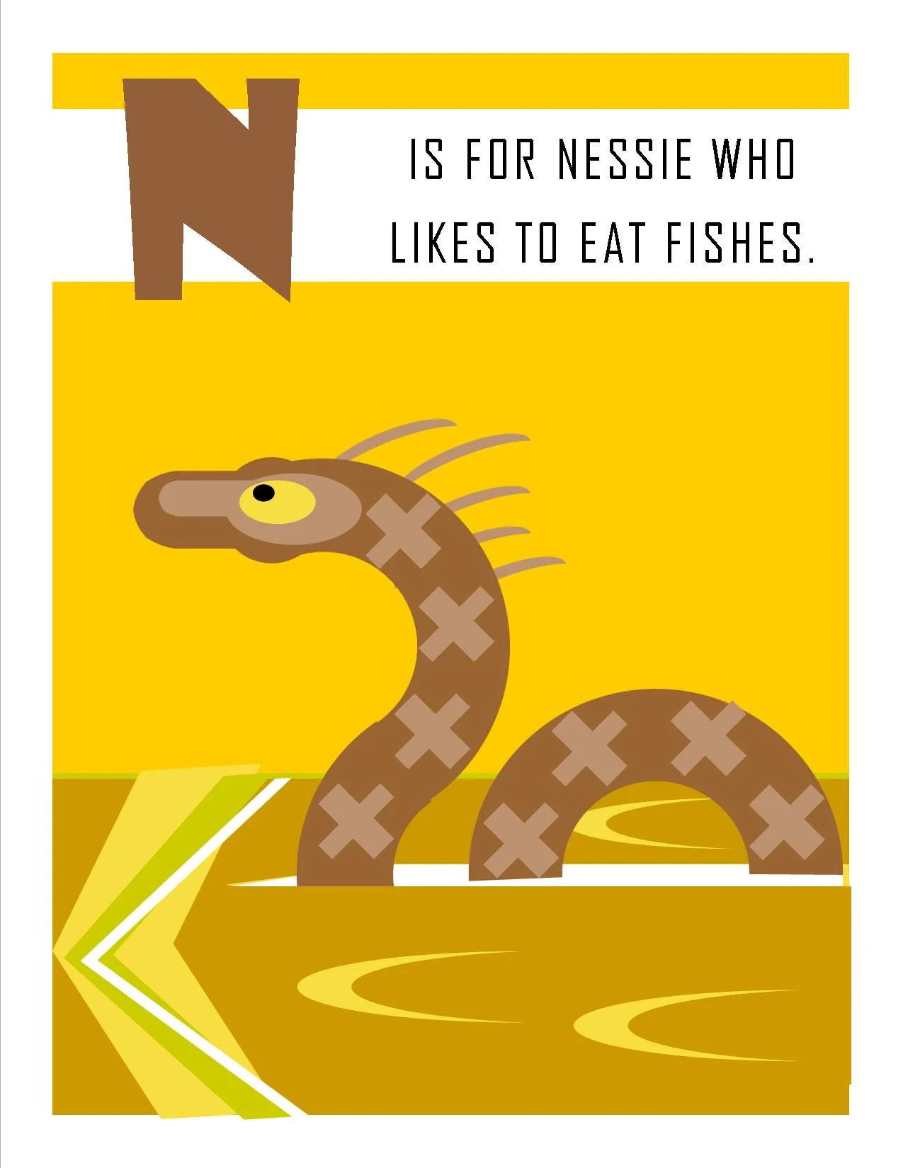 N is for Nessie who Likes to Eat Fishes.