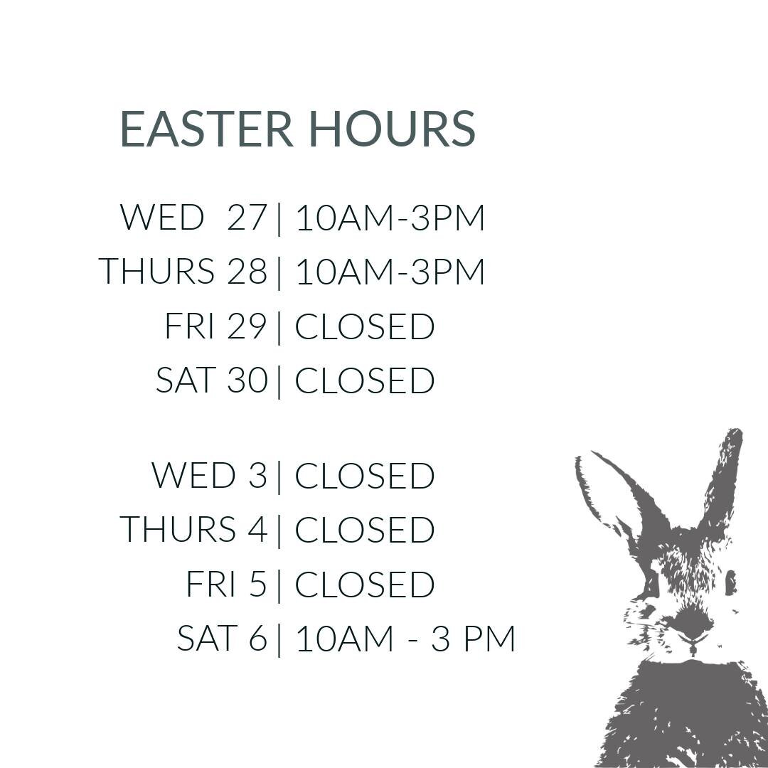 EASTER HOURS 2024
We're taking a few days off for Easter and the school holidays. Hours below:

WED 27 | 10AM-3PM
THURS 28 | 10AM-3PM
FRI 29 | CLOSED
SAT 30 | CLOSED

WED 3 | CLOSED
THURS 4 | CLOSED
FRI 5 | CLOSED
SAT 6 | 10AM-3PM
.
#loomandspindle