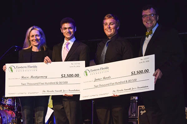 Cathy Powers, President of The Florida Smooth Jazz Foundation, with 2016-17 EFSC scholarship winners Reese Montgomery and James Revels, and with Dr. Robert Lamb, music professor of EFSC.