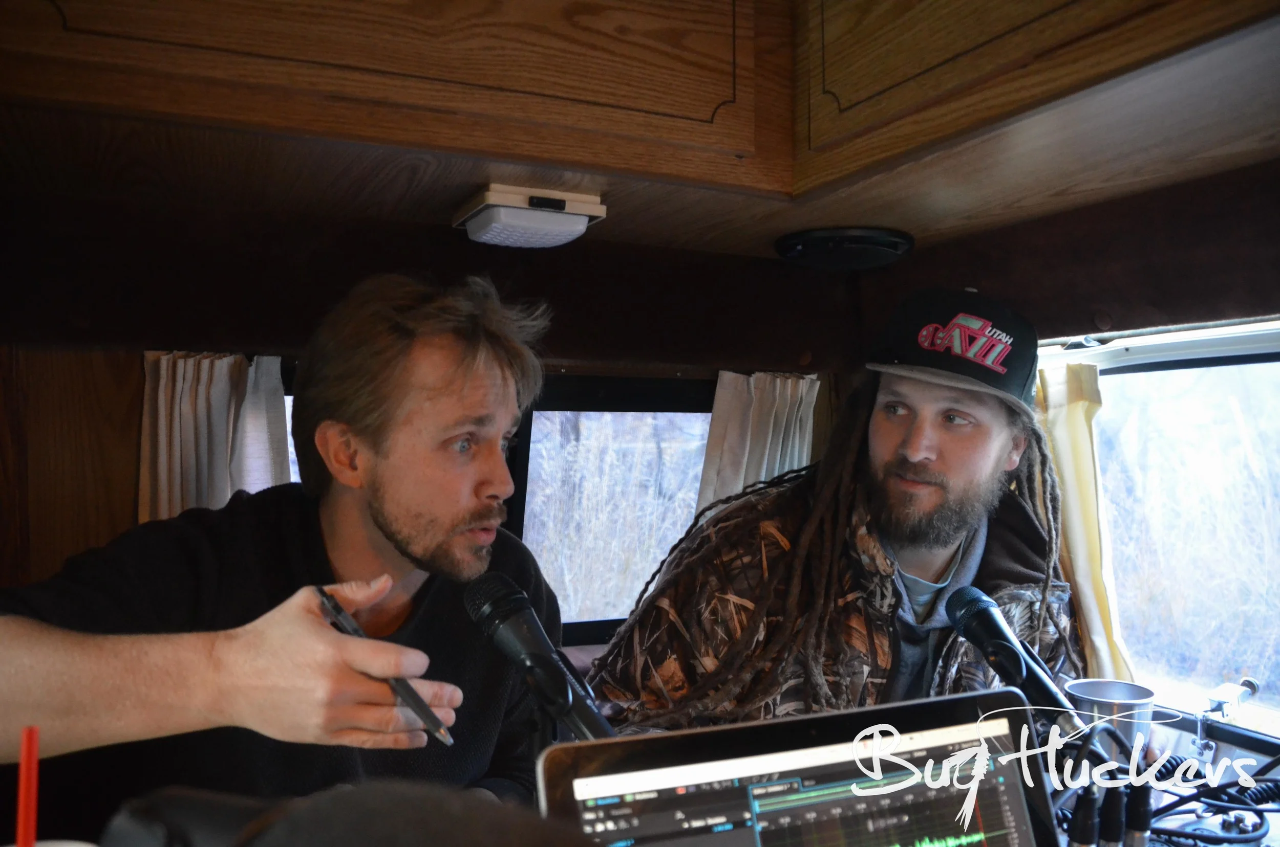 Bug Huckers Hosts London & Danny Podcasting from the Tan Van on the Ogden River. 