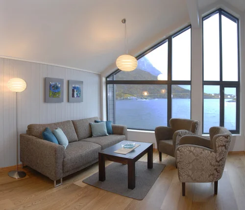 Single room / ensuite occupancy of two room apartment. You will share a sitting room like this with one other participant, overlooking a beautiful bay on the island of Senja.