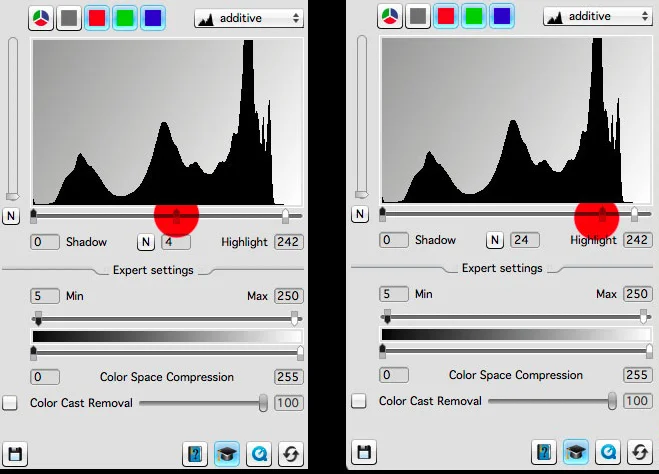 In my scanner software, I’ve chosen to move the mid tone slider to the far right. I get much brighter, and softer scans from this. It’s a really great setting for snow or bright scenes and it keeps the tonal graduations smooth and soft. Setting exposure in a film scanner is an art. You need to learn to use the exposure control to give you the file you want.