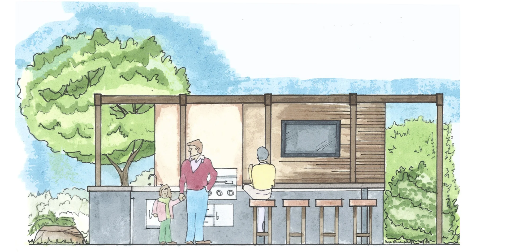 Another new project in Carlsbad, California proposes an alfresco entertainment area that will draw the crowd out towards the rear of the yard.