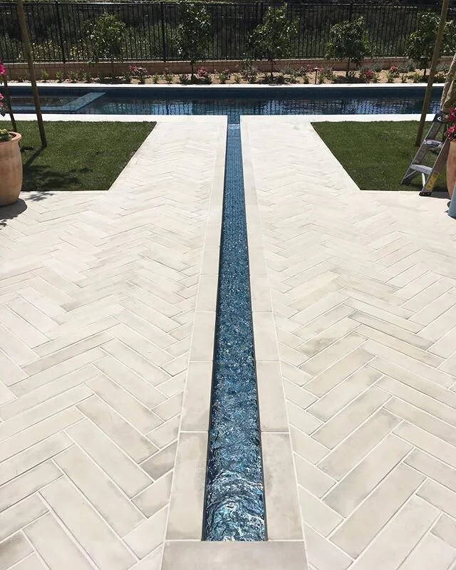 When we were asked to design a modern Persian style garden I knew we had to include a wster rill. It begins in the center of their courtyard and spills into the pool. We lined it with flashy blue tile and it lights up with LEDs at night. It was reall