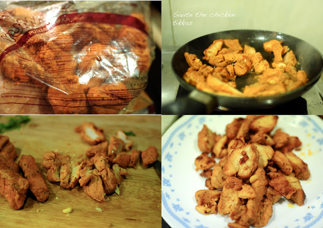 Slice the precooked chicken kababs by Yummiez. This saves time for sure. For a working woman like me this is a relief. These kababs are very tasty on their own and can be had with fresh corriander chutney. You can go all out and make kababs from scratch. But nothing beats the comfort of a quick cooked meal.