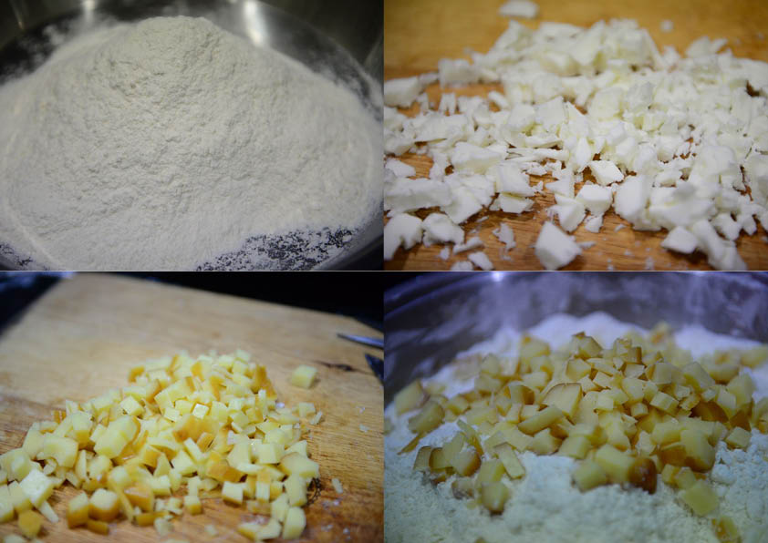 Coat the butter with the flour. Slice the cheddar in cubes and toss in the flour
