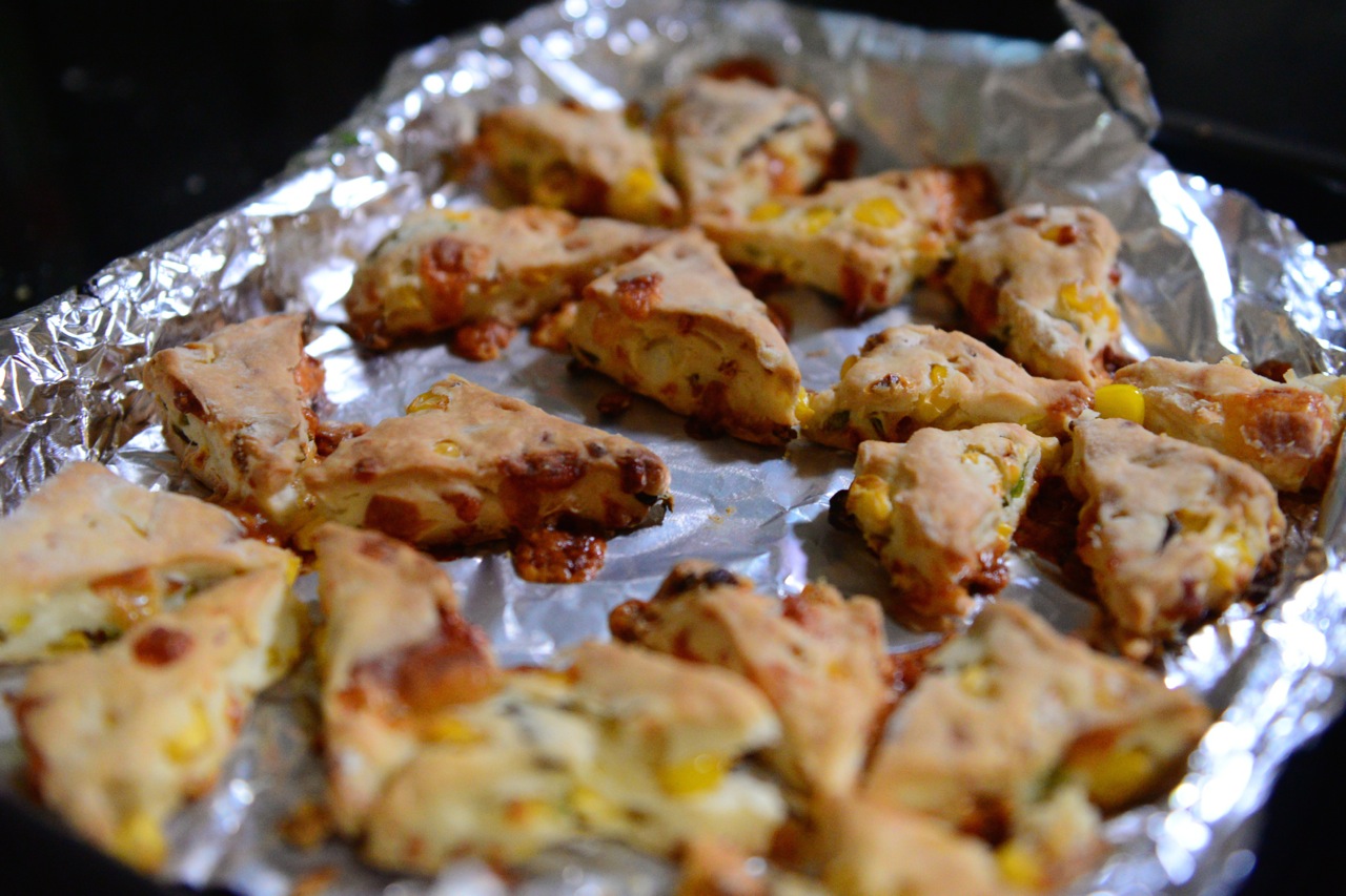 Beautifully baked scone. The cheddar has melted making room for freshly baked corn and chilies