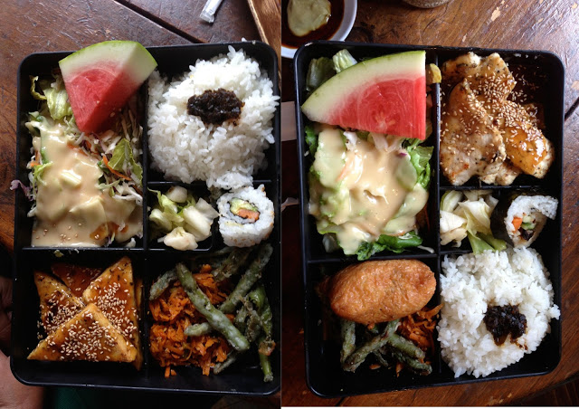 The tofu / chicken bento box with a creamy sesame salad, fruit, and california roll