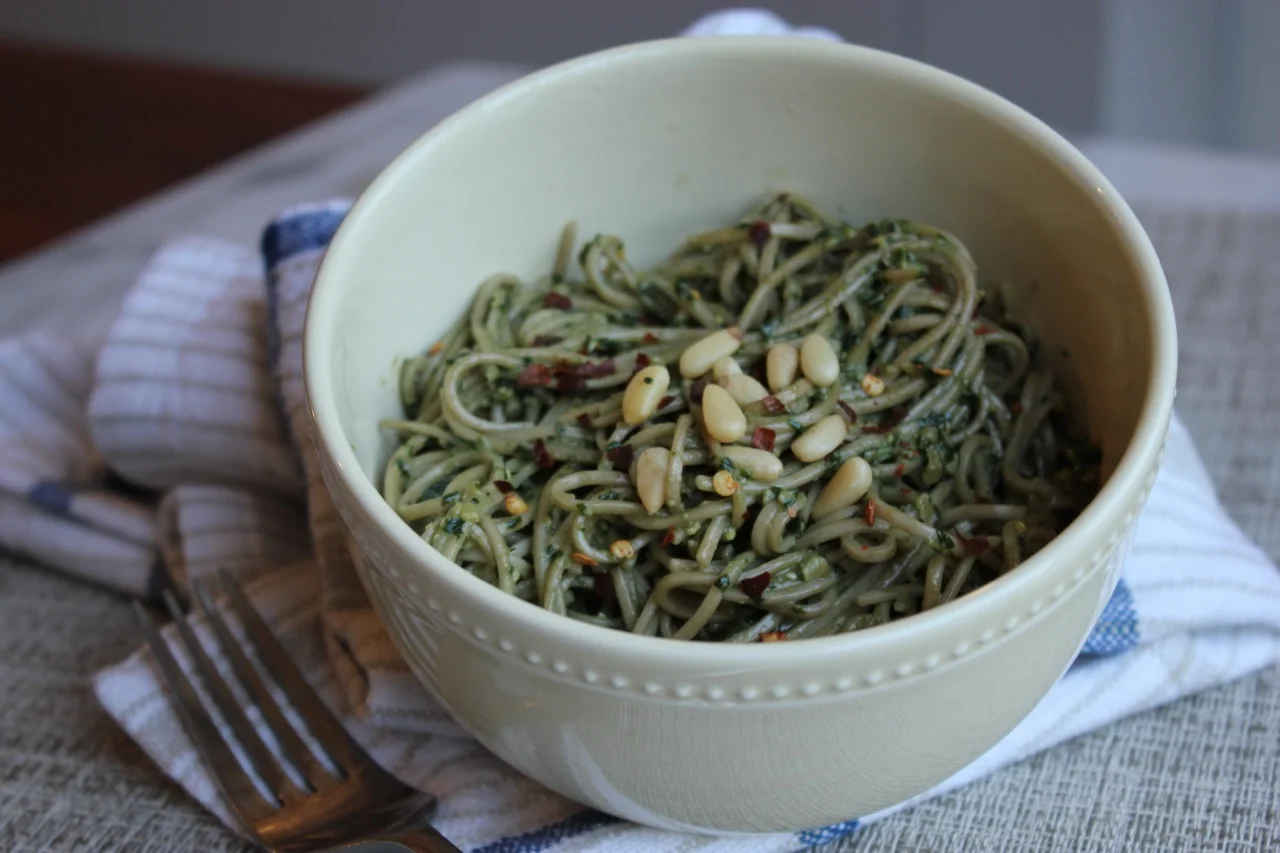 My pesto mixed into soba noodles!