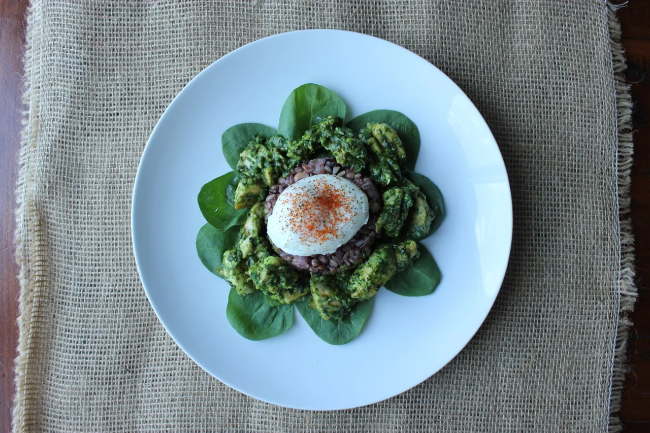 Basil chicken breast over baby spinach with bean wild rice mix & a poached egg.
