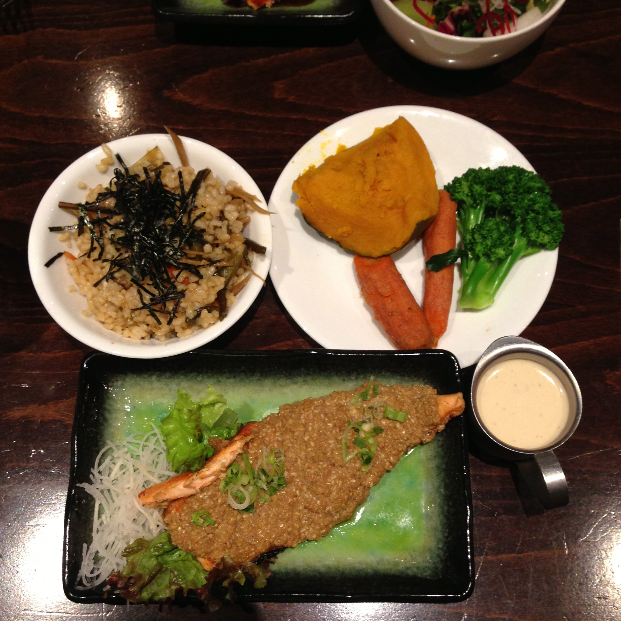 Broiled Salmon w/okabe, steamed vegetables, maze rice, sesame dip.