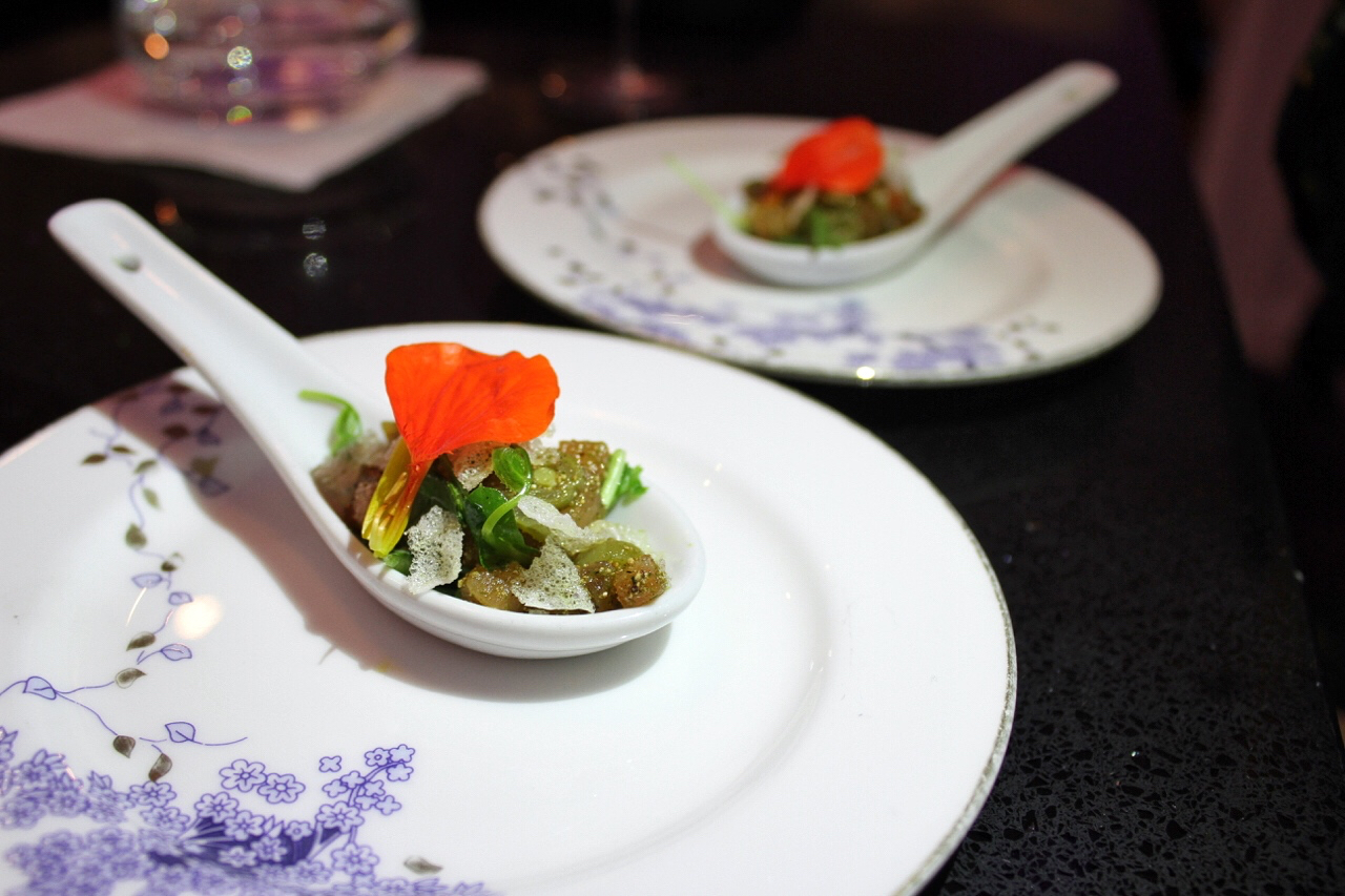 Thai-cured swordfish with dilly beans, black pepper, and rice cracker