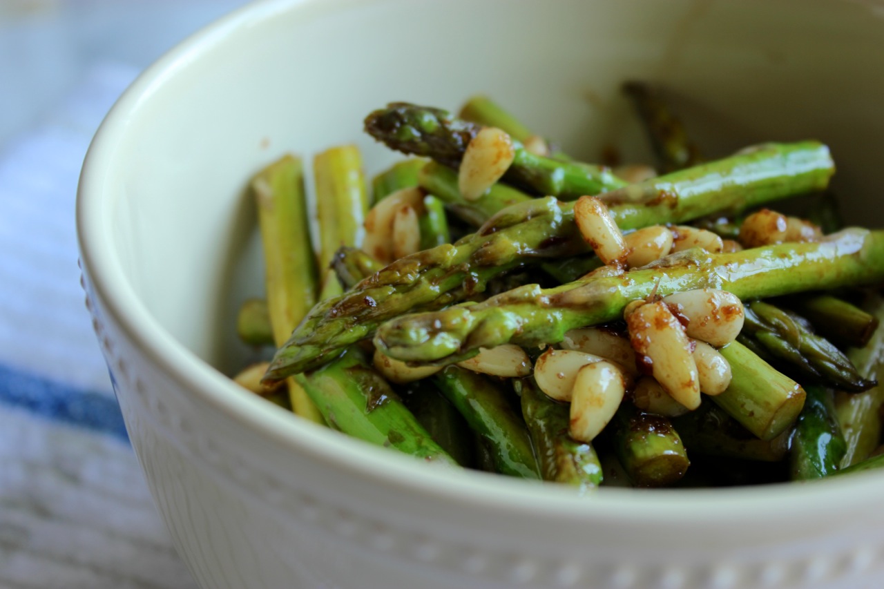 Balsamic Roasted Asparagus w/ Pine Nuts