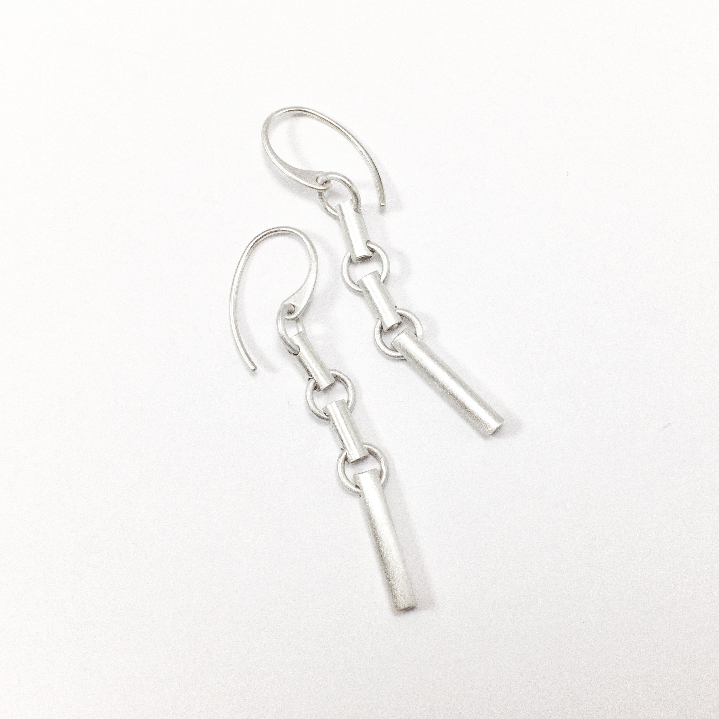 three tube dangle earring in frosted sterling silver
