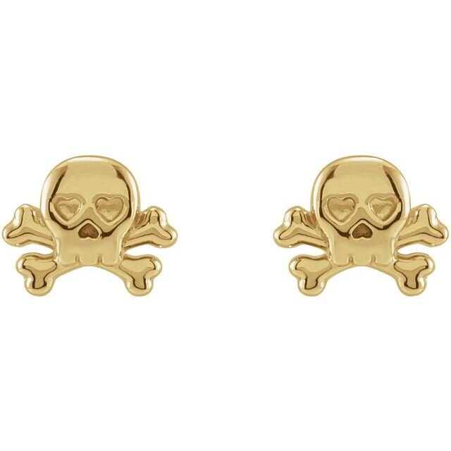 petite skull and crossbone ear-stud earrings in polished fourteen karat  yellow, white or rose gold — circlesmith