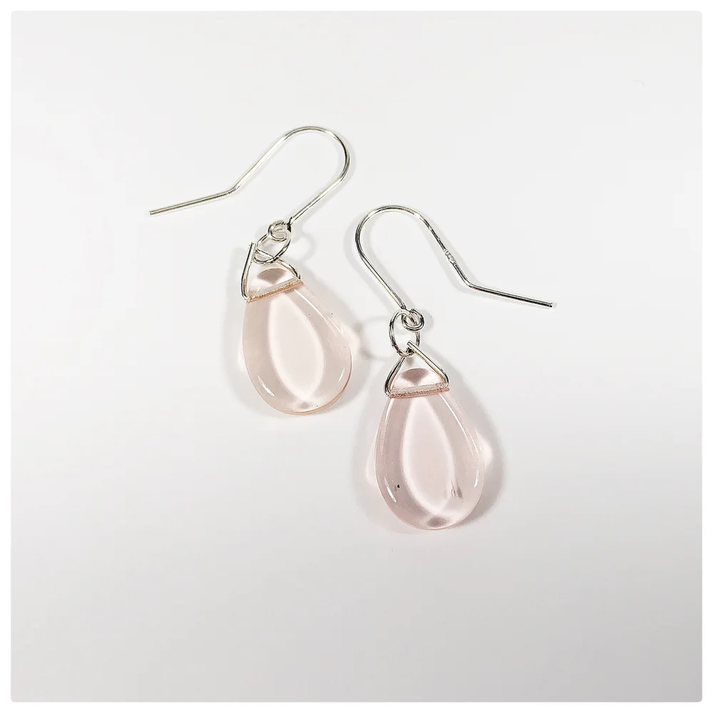 light pink glass teardrop earrings in setrling silver