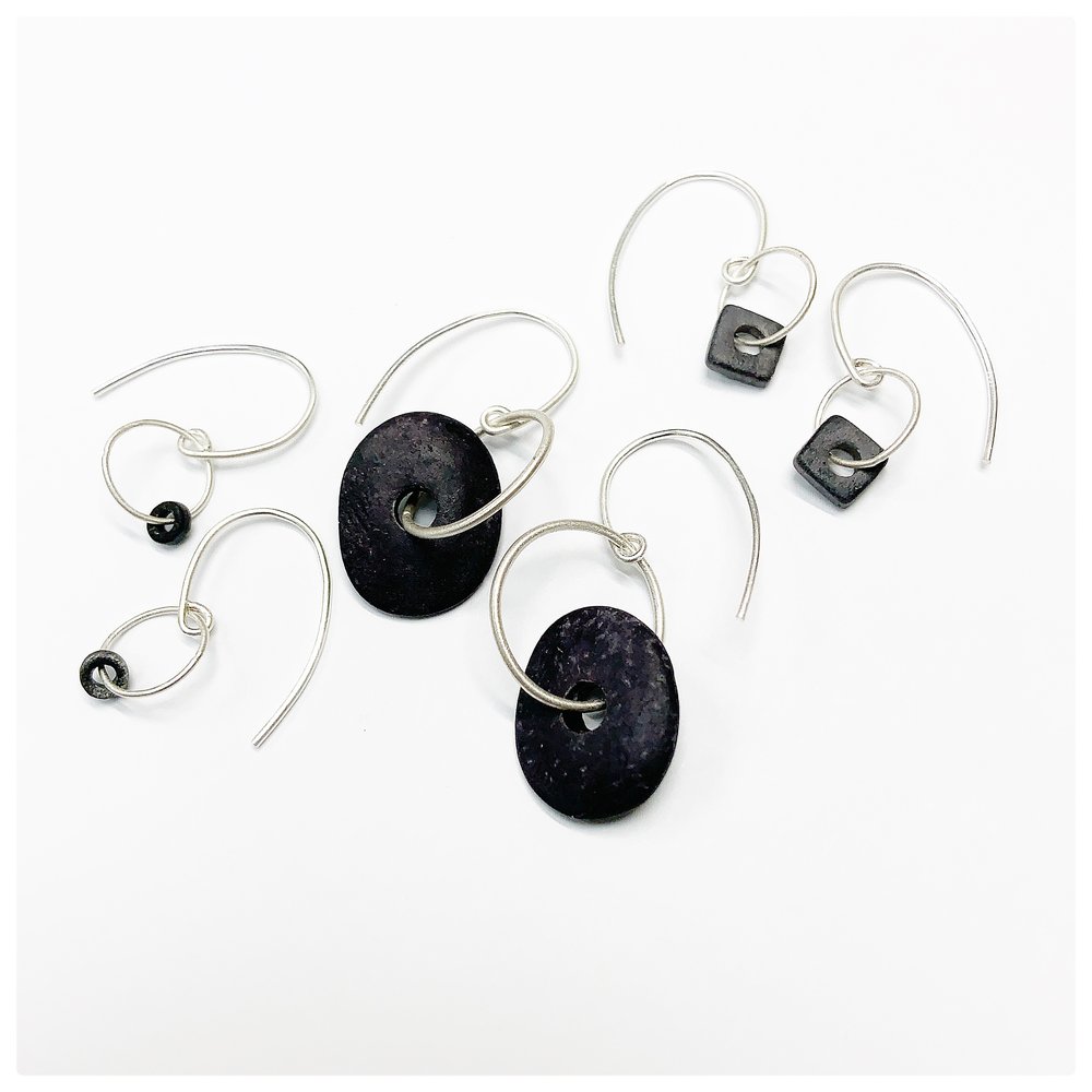 matte black ceramic cornflake dangle hook earrings in frosted sterling  silver — circlesmith
