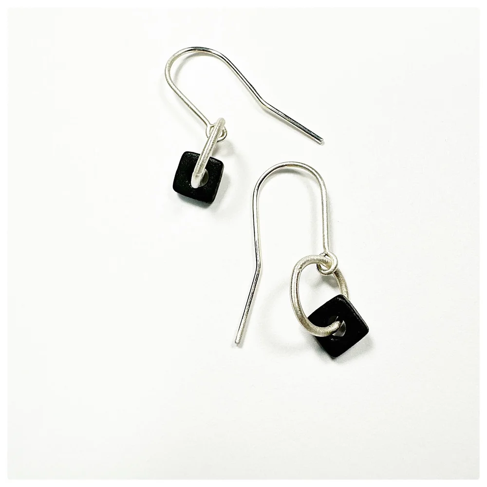 matte black ceramic square tile dangle hook earrings in frosted