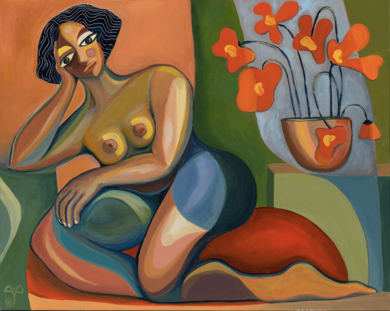 Valerie on Red Pouf, 2025, Acrylic on Canvas, 30" x 24"