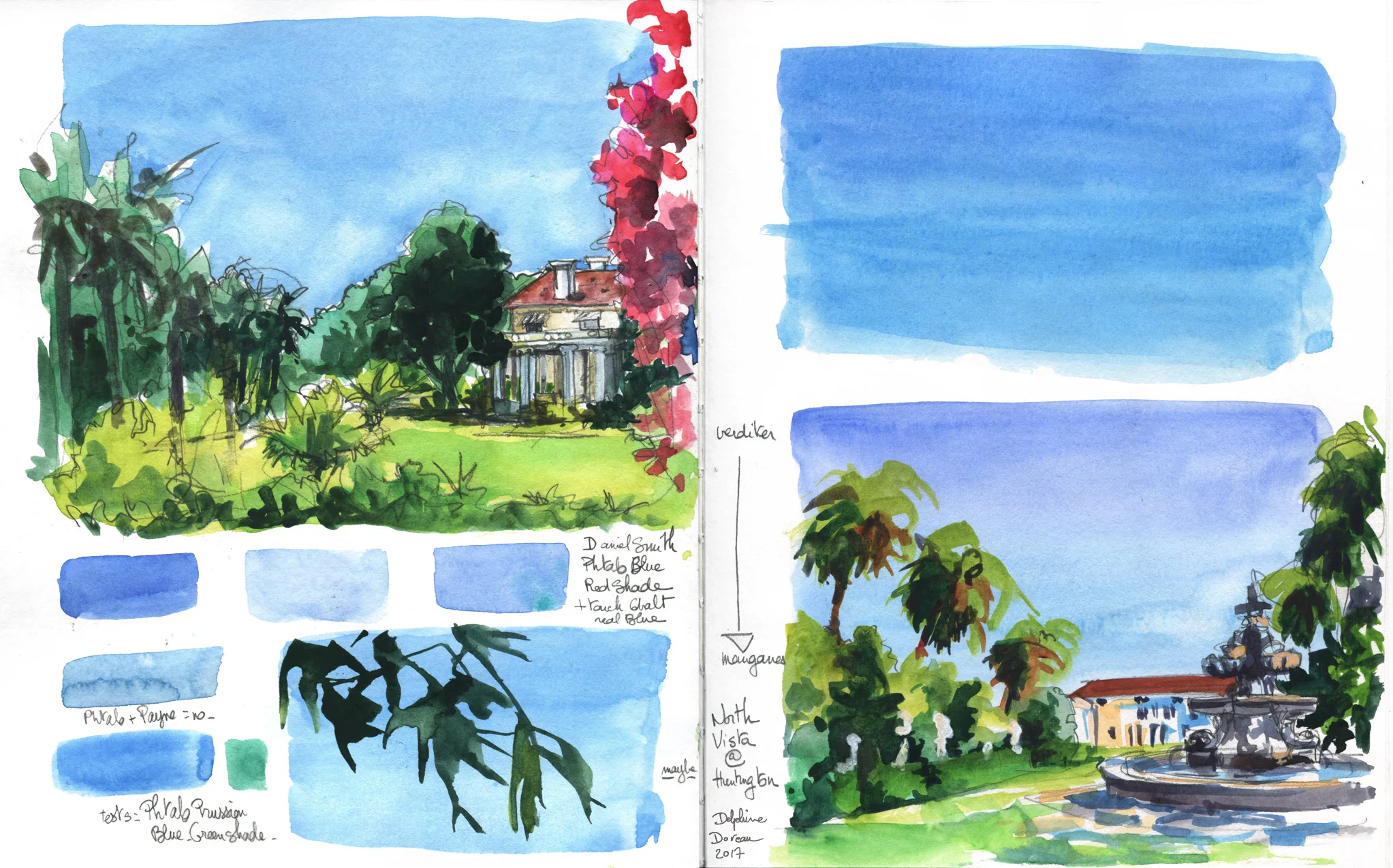 Blue sky tests at the Huntington Gardens, in San Marino, CA. This was before I understood that I really, really needed to wet my paper before painting skies.