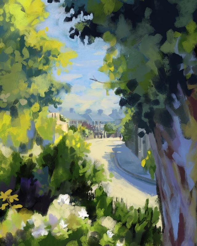 The view from Harold's Cross Park in Dublin, on a day of confinement. It's the first time I see Kimmage Road Lower with no car and no pollution,  I felt like celebrating. 
I couldn't decently hog the view in a very crowded park so this was finished a