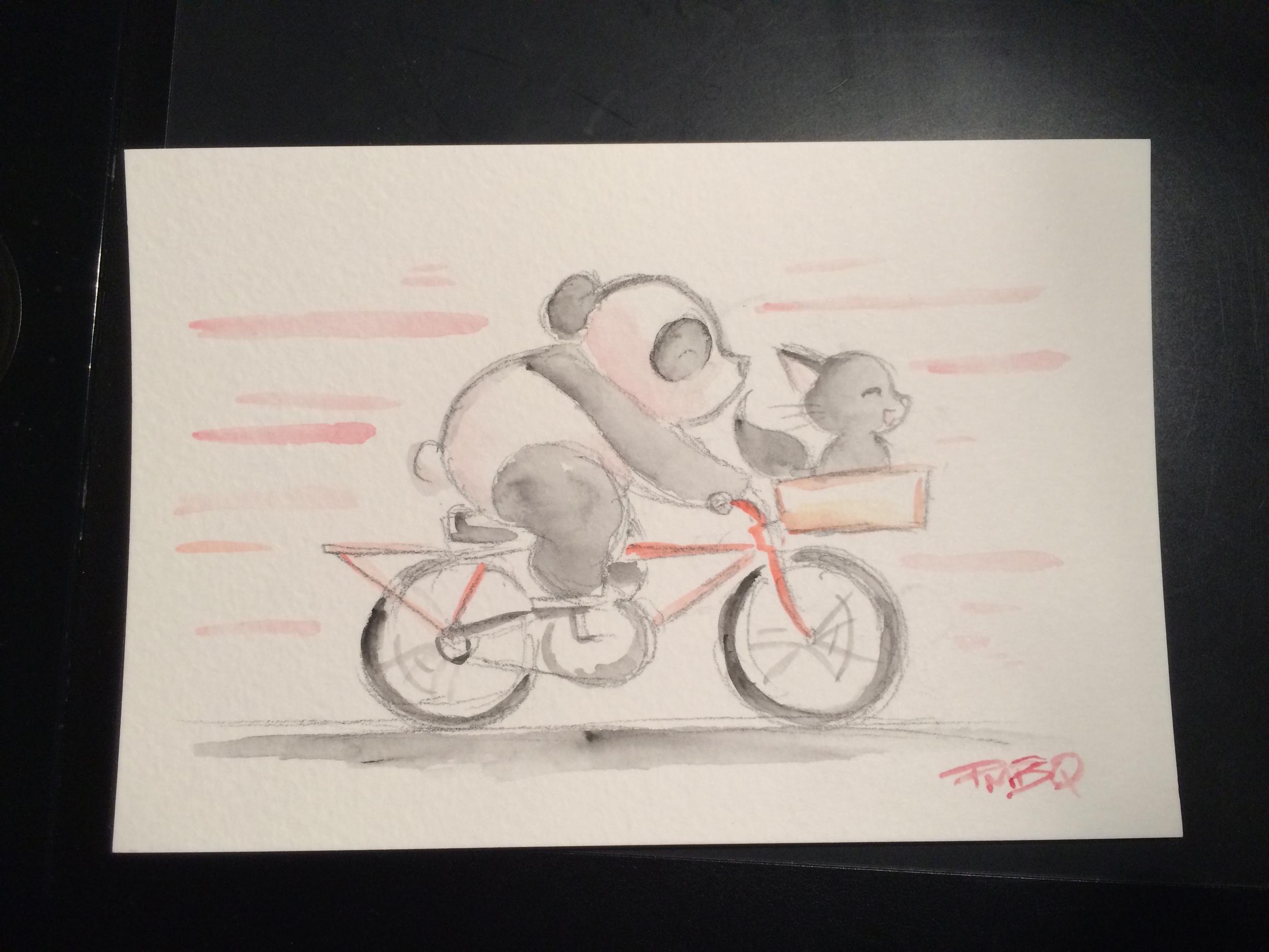 Pandas, cats and bicycles - the winning combination that you never knew existed until today. Artwork by PMBQ , who is also handling our water bottle design.