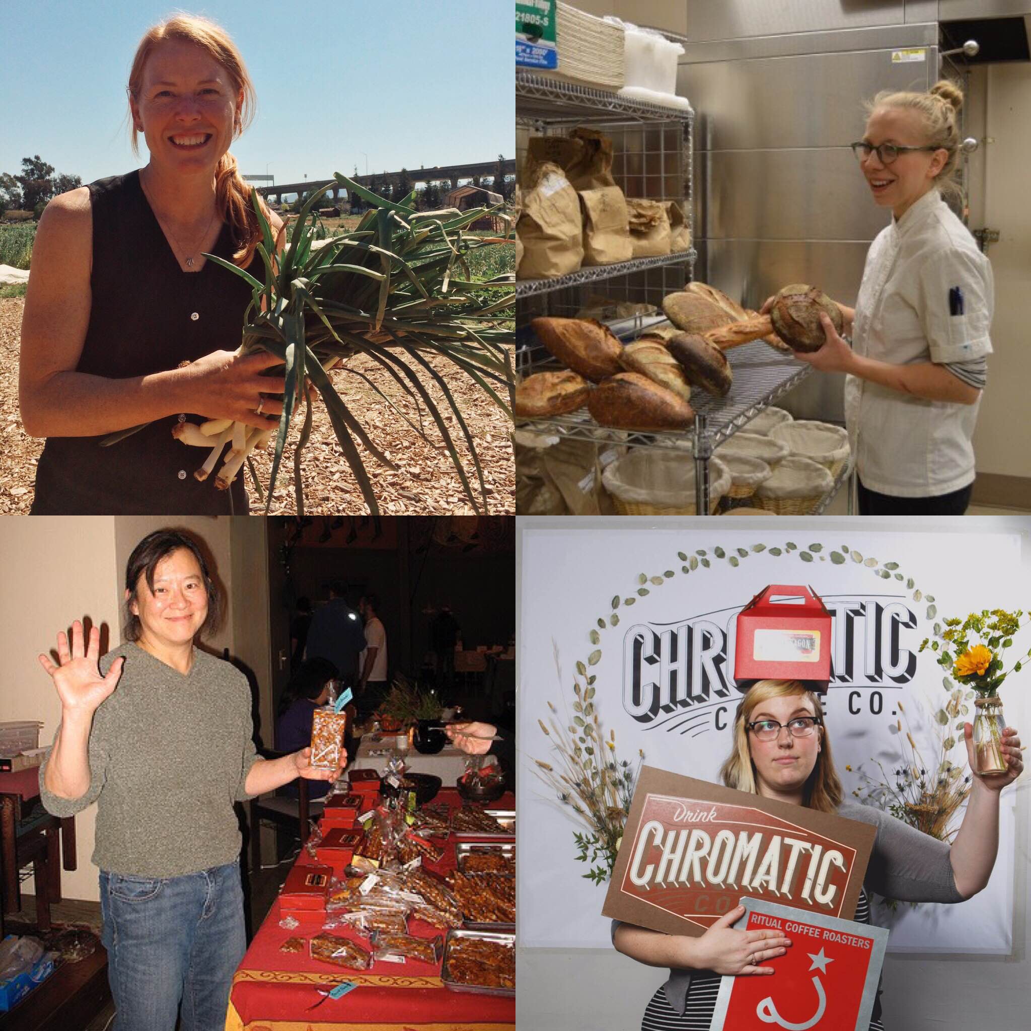 Clockwise from top left: Cayce Hill, Executive Director of Veggielution, Avery Ruzicka, Co-Owner/Head Baker of Manresa Bread, Otessa Crandell, Retail Director of Chromatic Coffee, and Hway-Ling Hsu, Owner/Head Baker of Sweetdragon Baking Company.