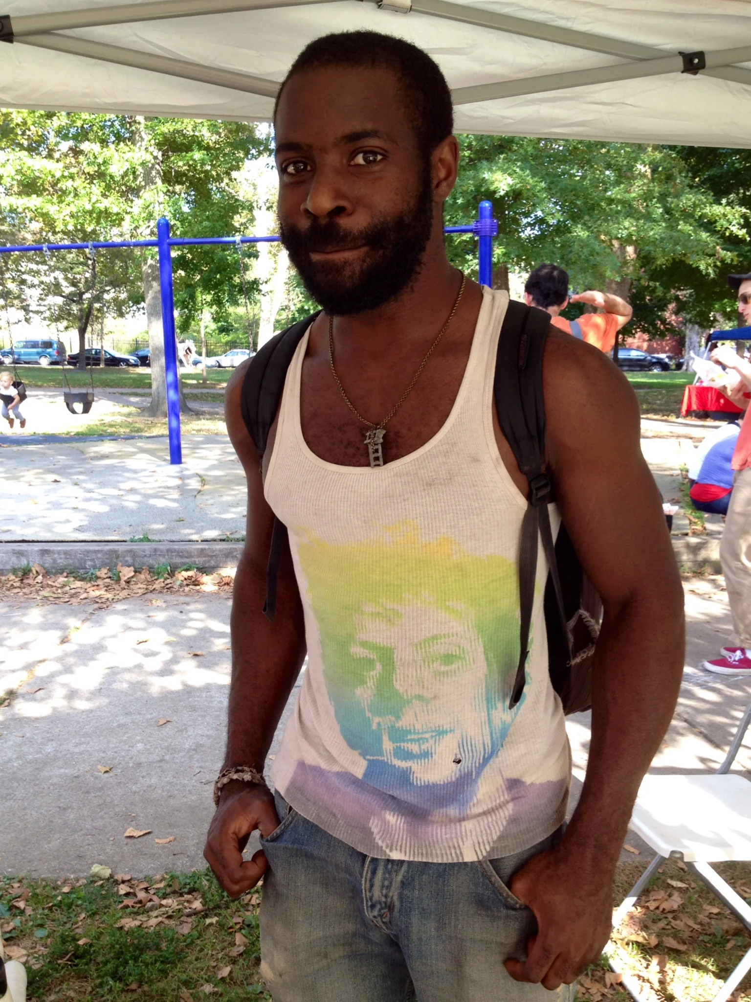  kuf, member of  west philadelphia orchestra , swung by to model our wares. here he's sporting a twin cinderblocks necklace. 