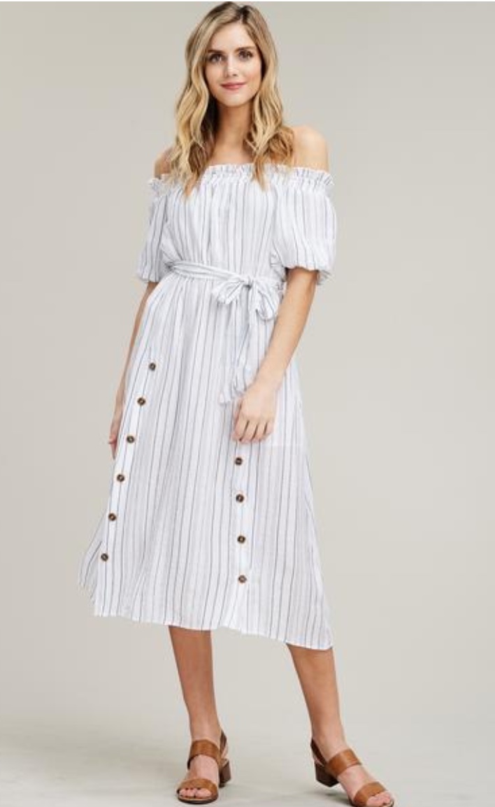 White Striped Off-the-Shoulder Midi Dress