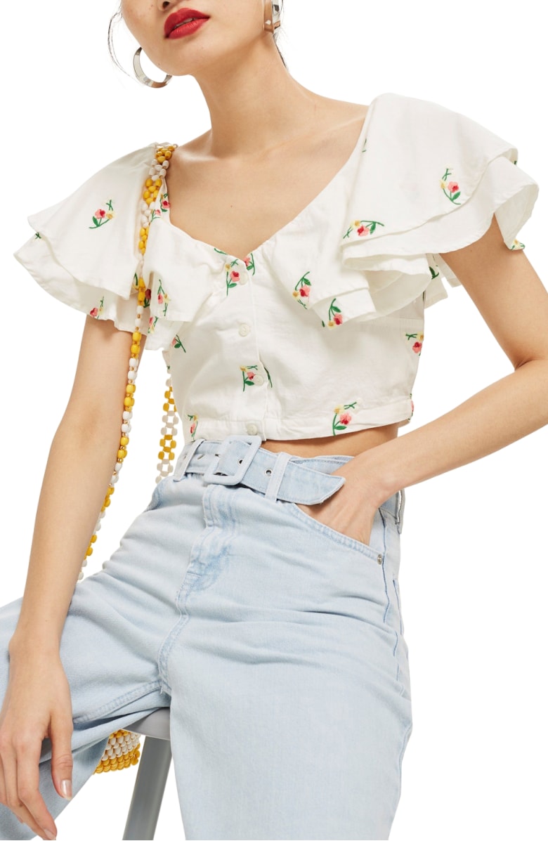 Topshop Embroidered Frill Crop Top