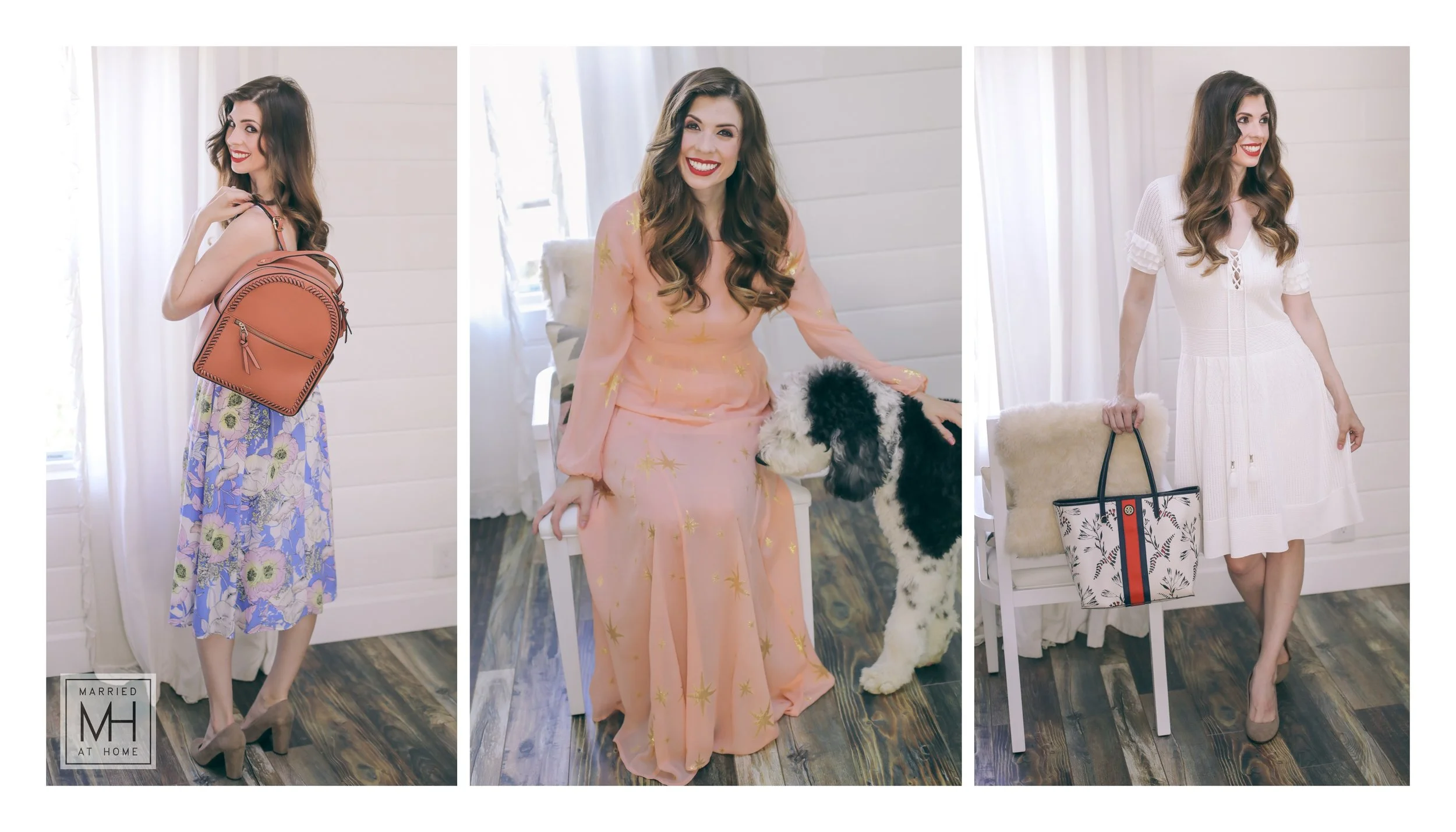 Left: Dress: Yumi Kim Bora Bora Periwinkle Prima Donna Dress | Backpack: Calpak Kaya Round Backpack in Terracota Middle : Dress: For Love and Lemons Gilded Star Maxi Dress Right : Dress: Bebe Tassel Lace Up Dress | Bag : Tory Burch Kerrington Cape Floral Bag
