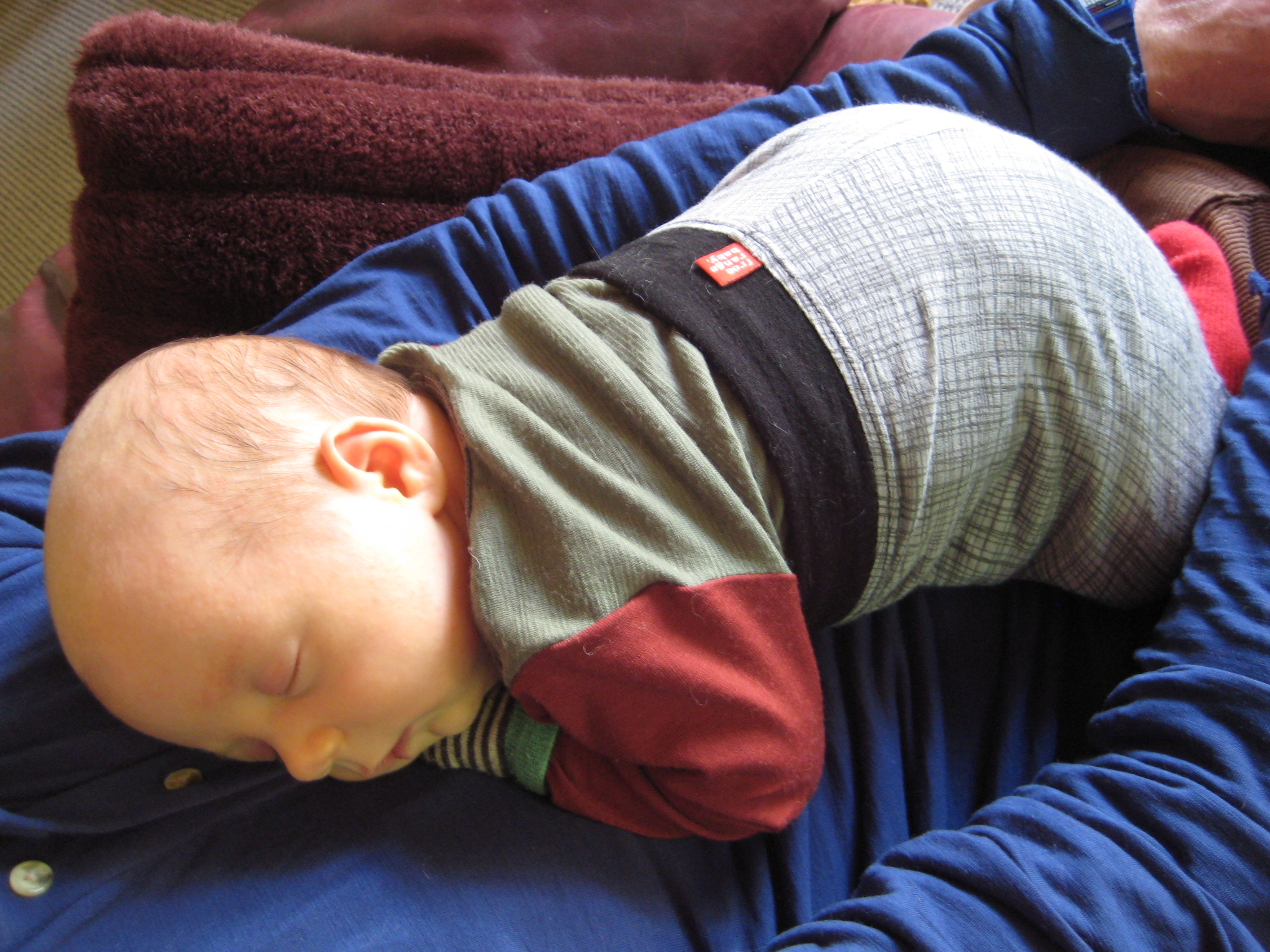 HUGE cloth nappied bottoms need custom made pants. This was one of two pairs I'd made before Neko was born, and while they look a little goofy without a top to hide the arm pit high waist, they are so good! The lovely earthy top was a present from my friend Caroline @ munroclothing.co.nz