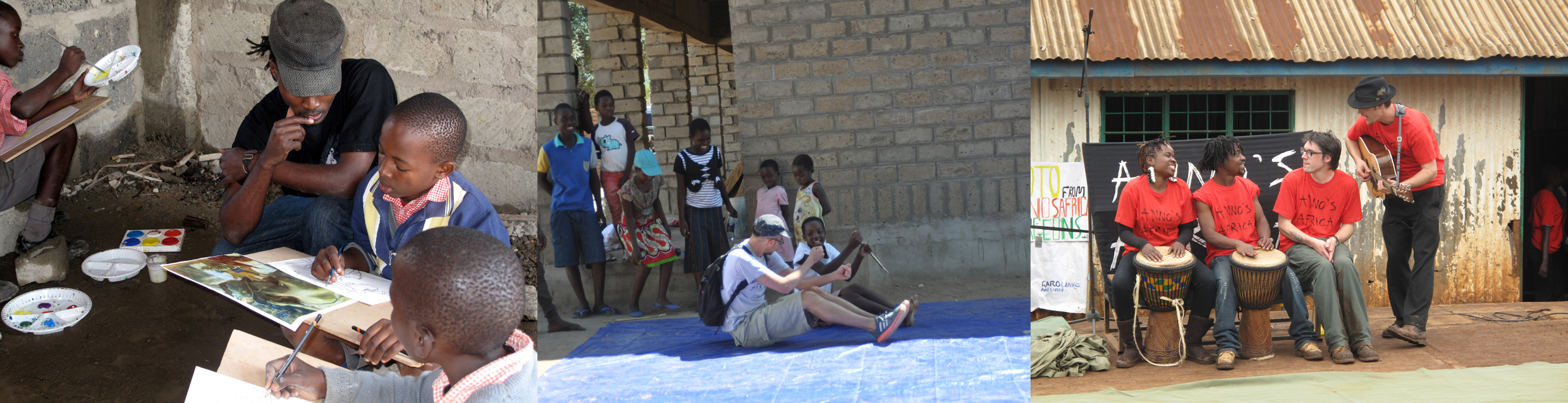 From left to right: Dickson teaches art in mathare; jarek teaches mime in usisya, malawi; and music teachers gareth and billy work with our kenyan trainers lulu and melisa