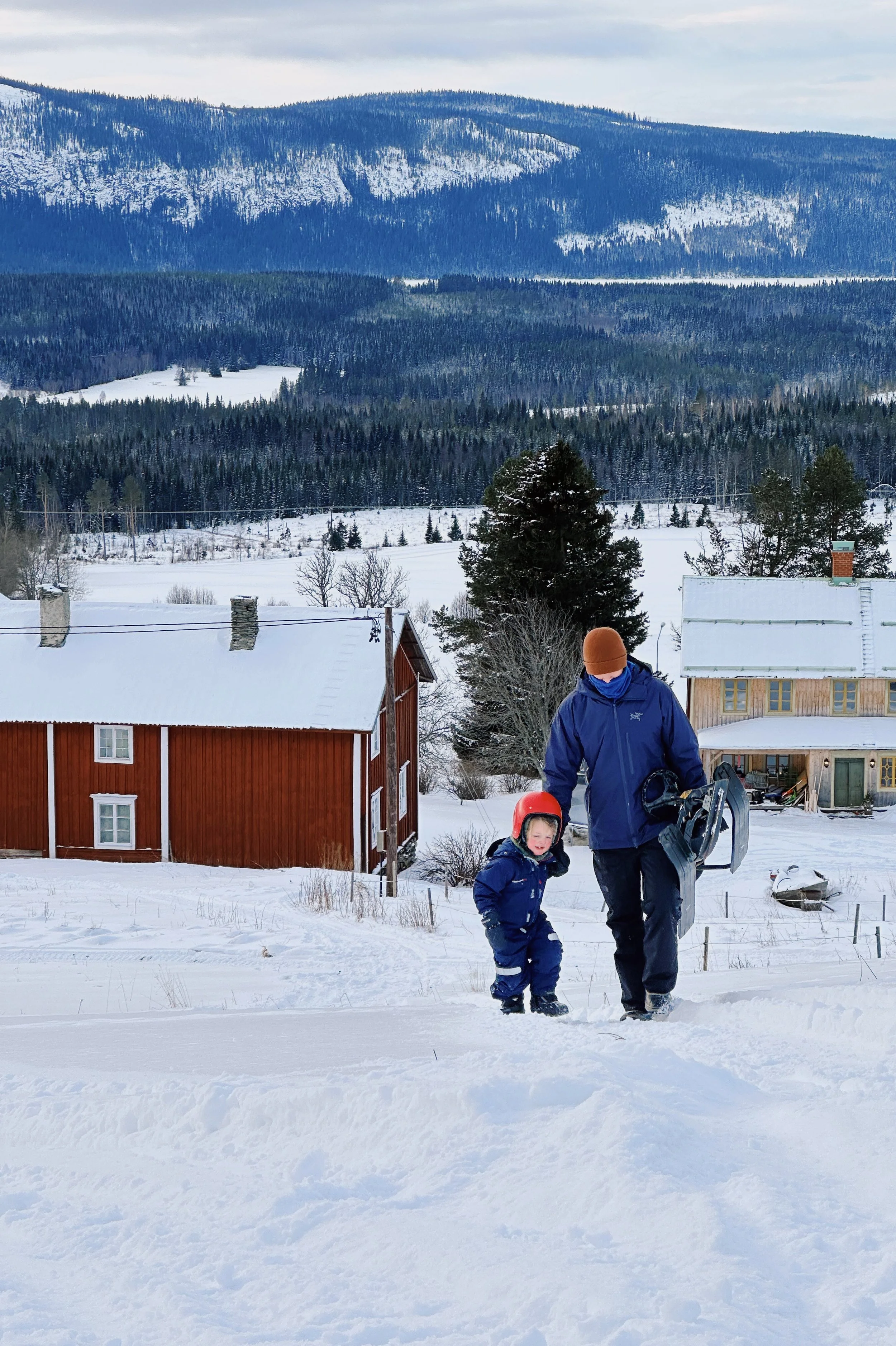 A person and a young child in winter clothing walking in a snow-covered yard with houses, trees, and a mountain range in the background.