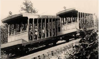 1905: Cars passing one another on the "Brown Patent Turn-out," which eliminated the need for mechanical switching and allowed both cars to run simultaneously on a single track. The railway had a "2-4-2" track configuration: two rails for most of the run, four rails at the turn-out. Courtesy Beacon Historical Society