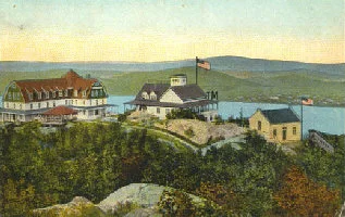 Period postcard showing the Beaconcrest Hotel (left), the Casino (center), and railway powerhouse and station (right). A private cottage community also sprang up on the mountain.